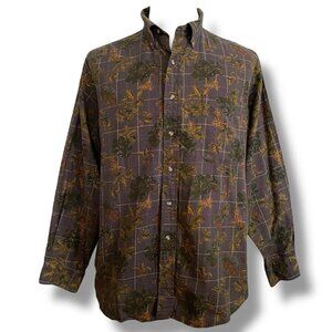Vintage 90s Lands End Mens Shirt XL Brown Houndstooth Plaid Botanical Pine Cones